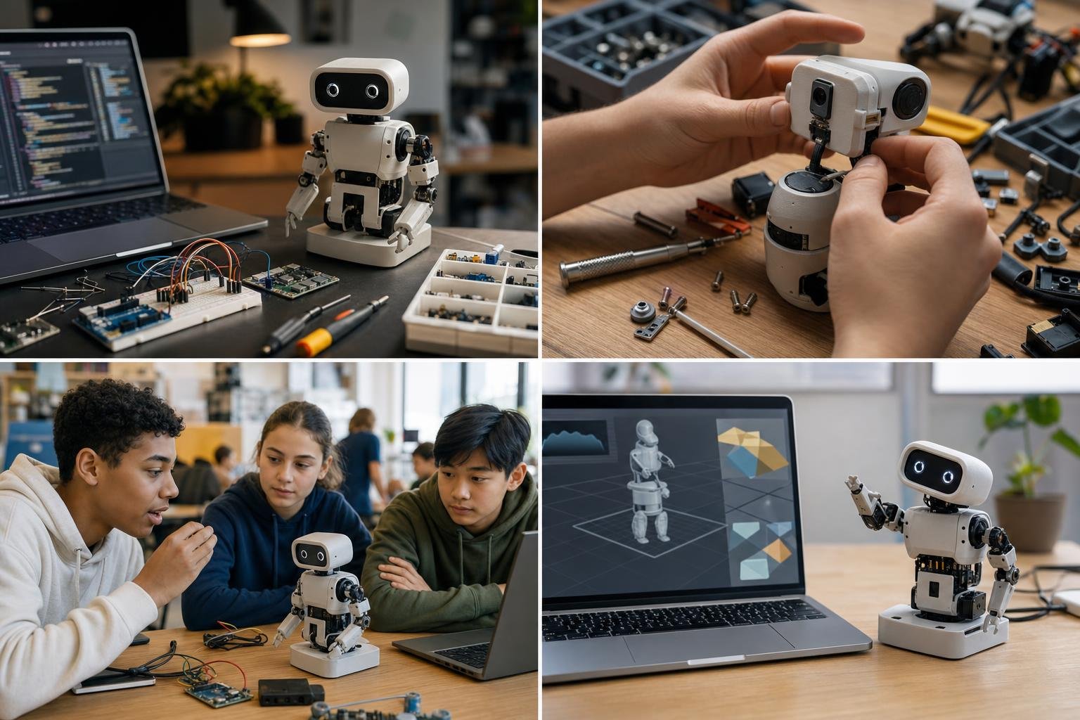 Mani assemblano un piccolo robot da scrivania con attuatori e sensori
