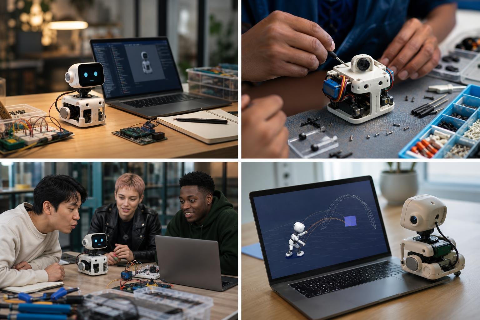 Laptop con simulazione astratta di robot e piccolo robot fisico che muove la testa