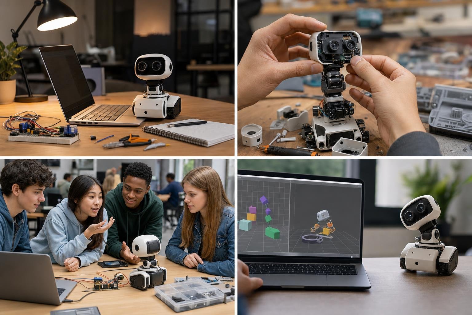 Studenti testano un piccolo robot da scrivania con interazione vocale in workshop