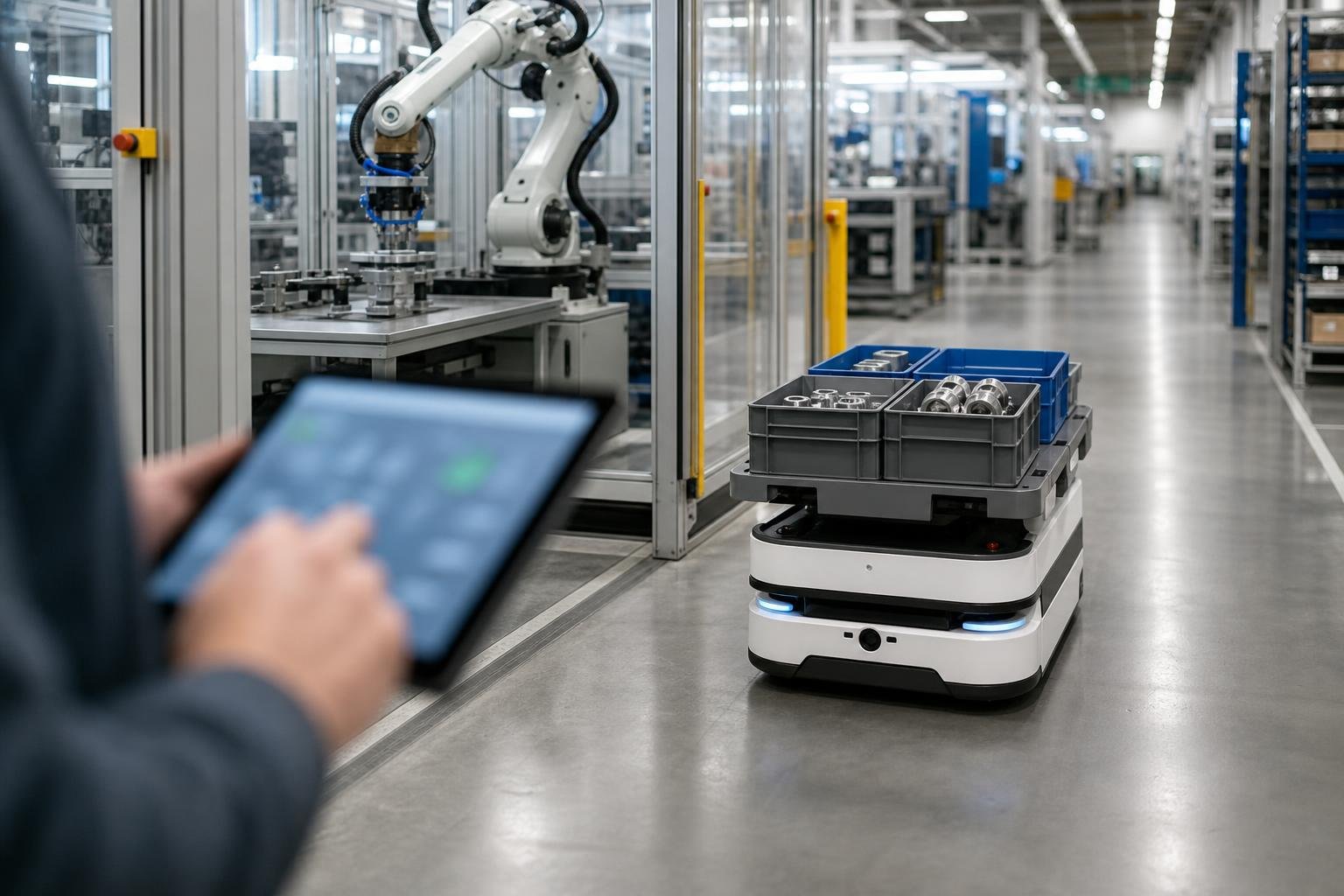 AMR e braccio robotico in fabbrica con dati operativi per orchestrazione e physical AI