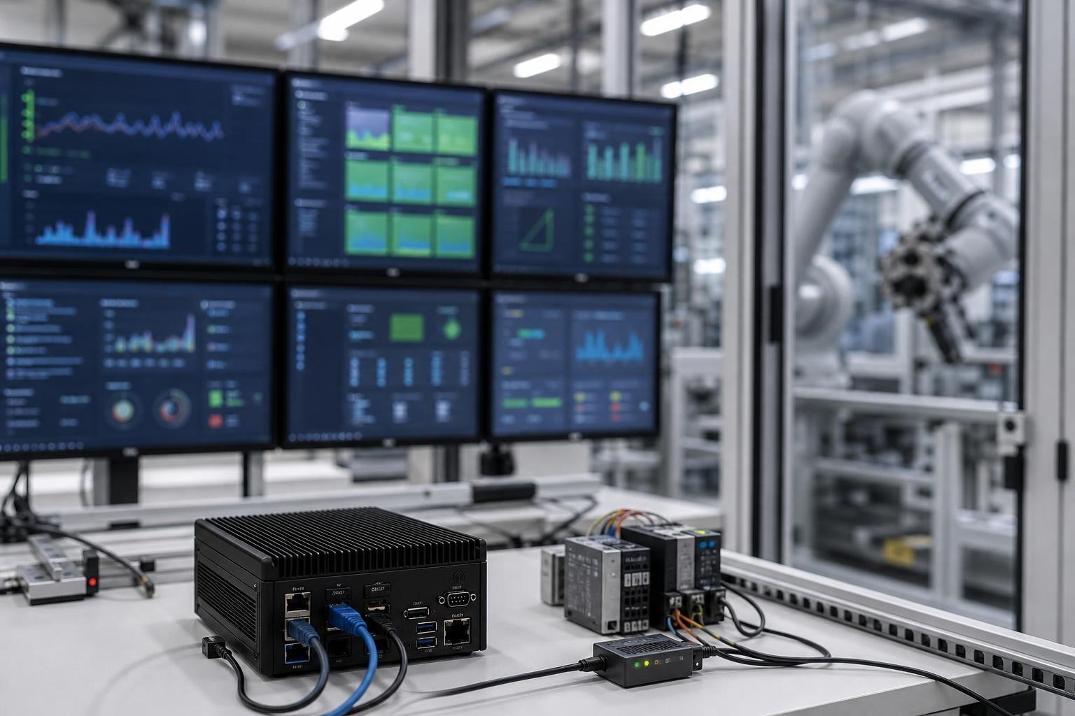 Sala di monitoraggio industriale con dashboard e robot connessi per dati OT
