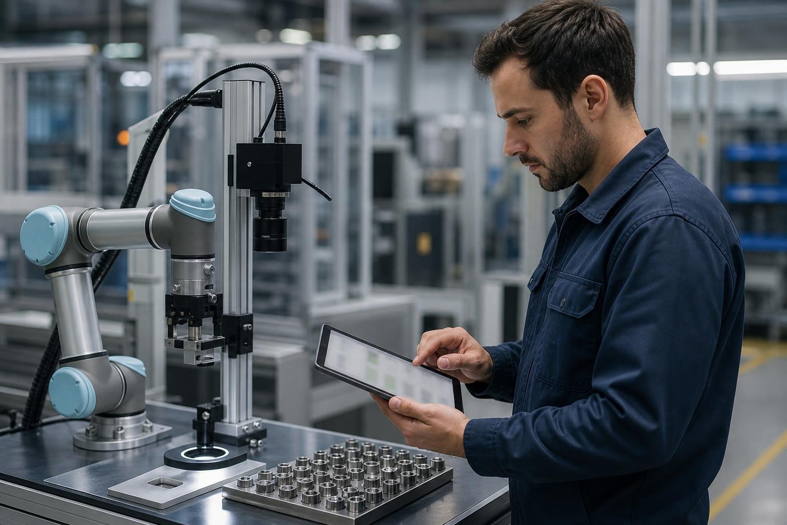 Tecnico che valida dati di qualità accanto a un cobot e a una stazione di visione industriale