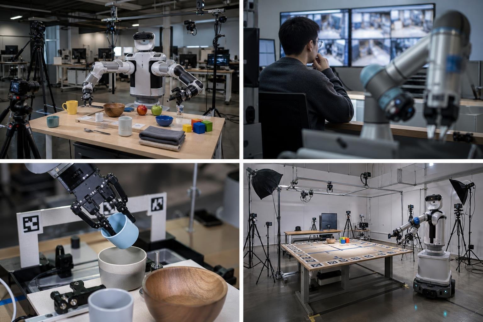Studio di raccolta dati con telecamere e piccolo manipolatore per robot learning da video