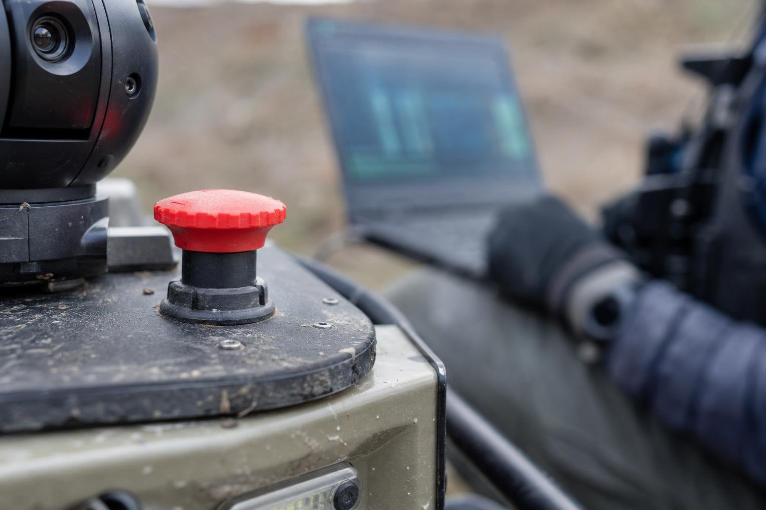 Pulsante di arresto di emergenza su robot autonomo con laptop diagnostico