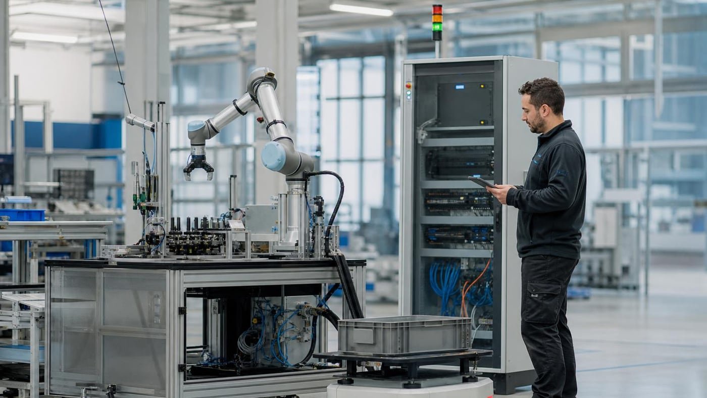 Cella robotica industriale con cobot, AMR e cabinet edge per architettura robotica 2026