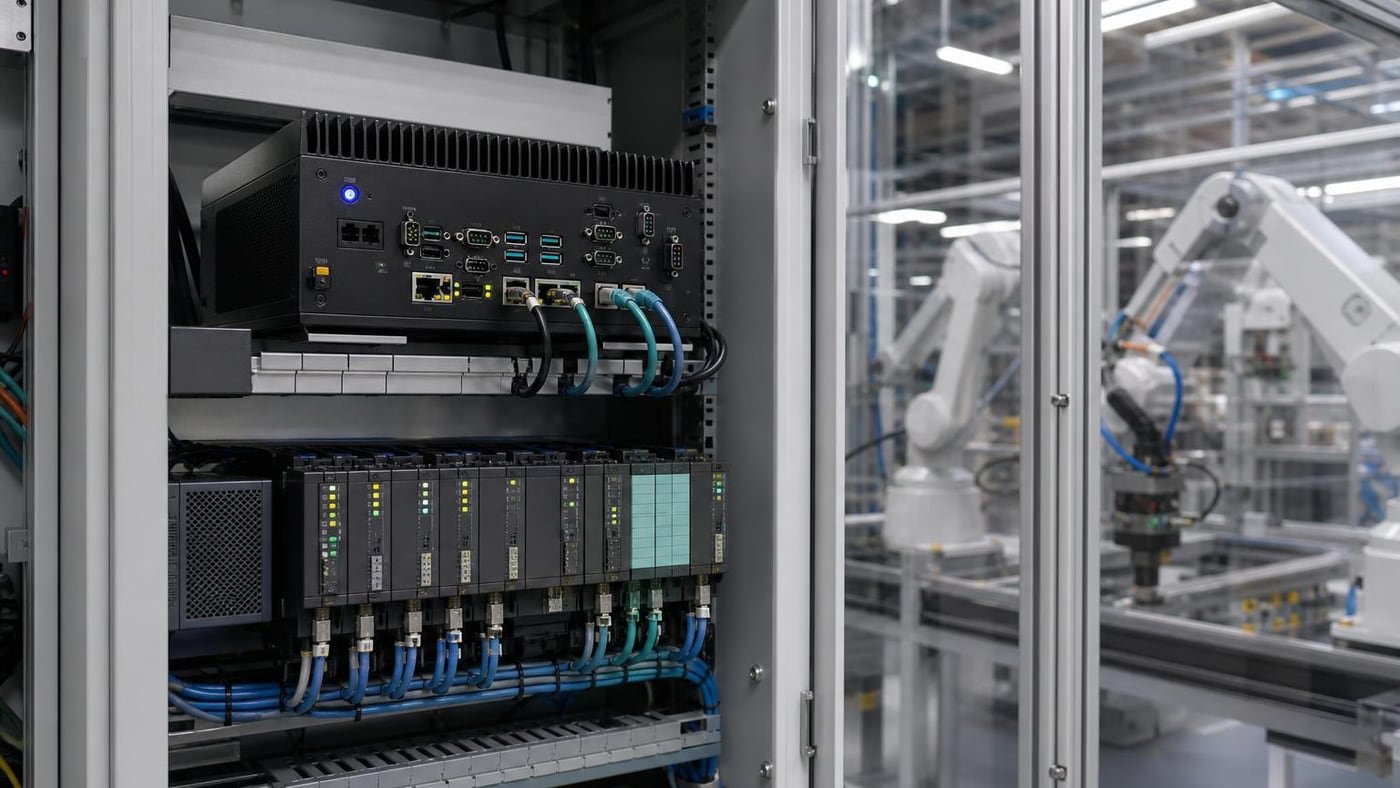 Rack edge e PLC collegati a controller robotici in una linea industriale