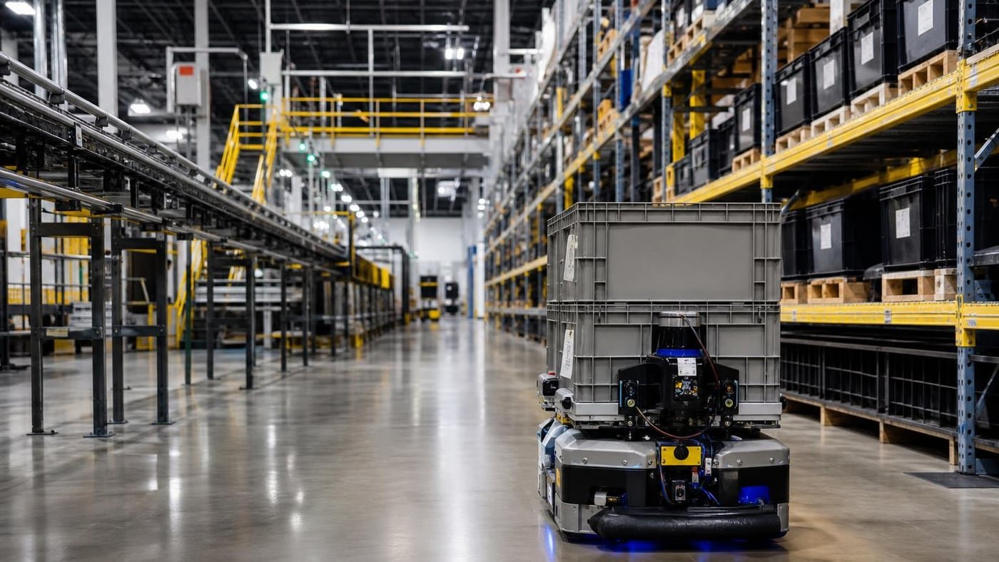 AMR in corsia logistica industriale con sensori e infrastruttura edge per movimentazione interna