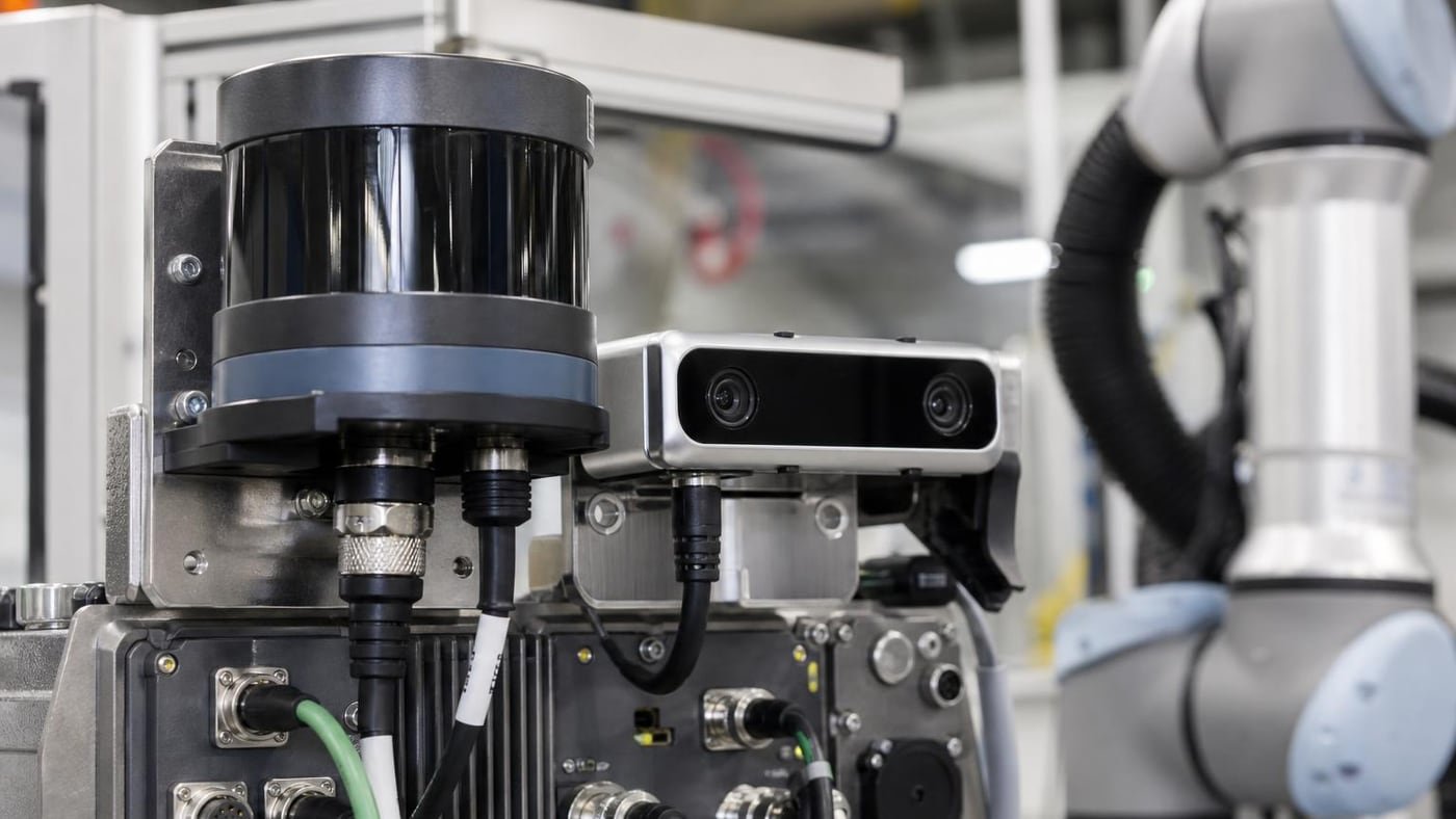 Sensori di sicurezza, camera di visione e cablaggio industriale su una cella robotica edge