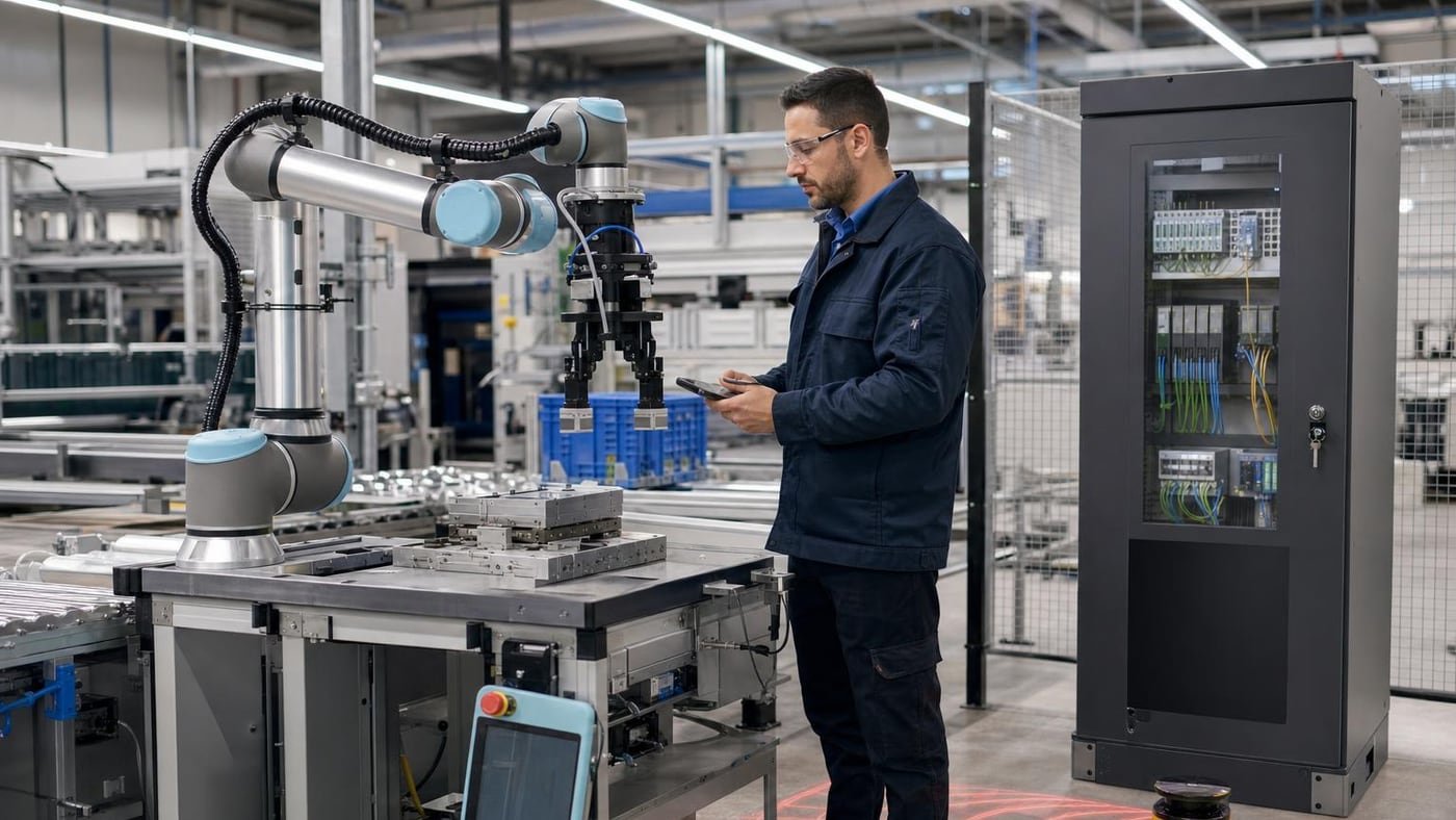 Cobot in fabbrica accanto a operatore con scanner di sicurezza e cabinet di rete protetto