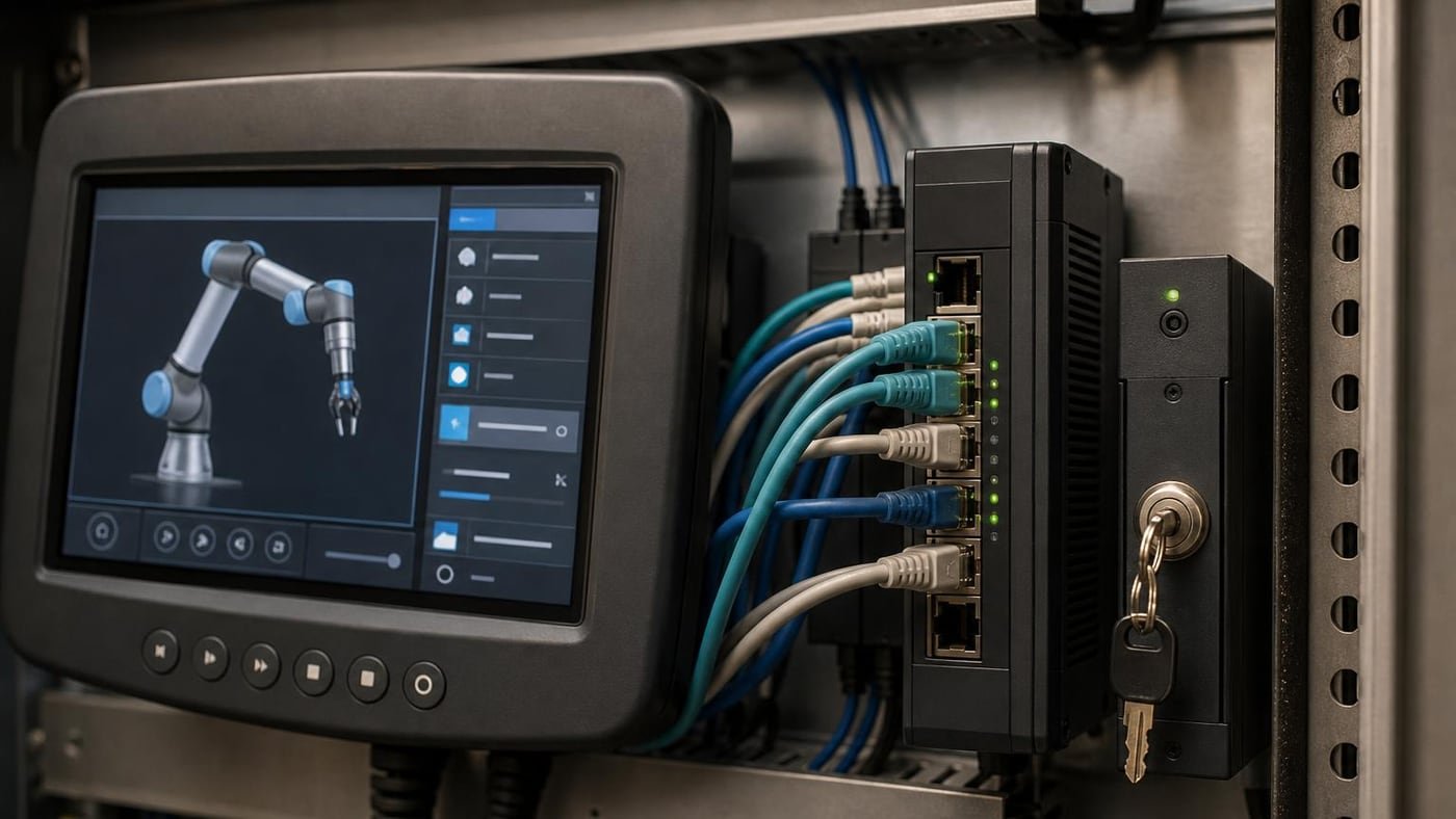 Controller di cobot con HMI, cavi Ethernet e modulo di accesso sicuro