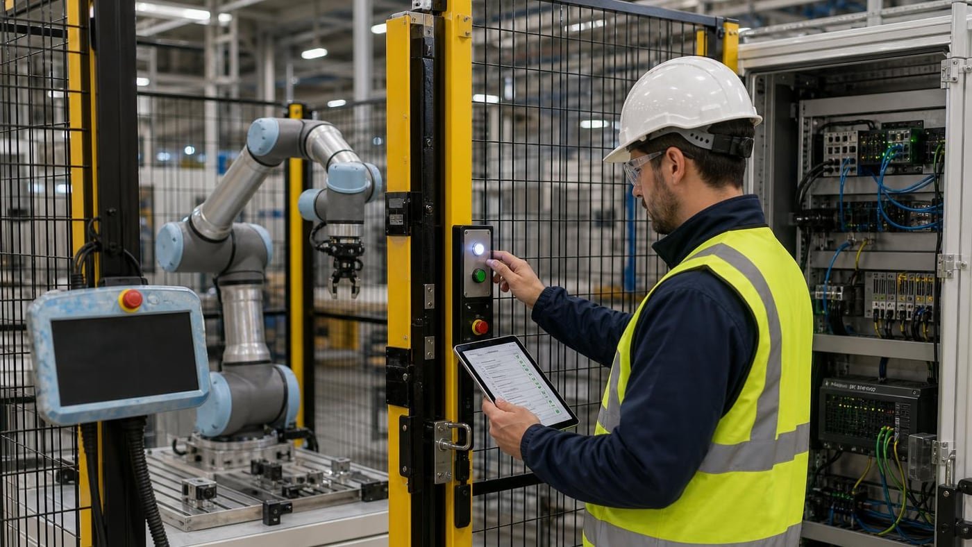Tecnico che esegue risk assessment e controllo accessi su una cella cobot industriale