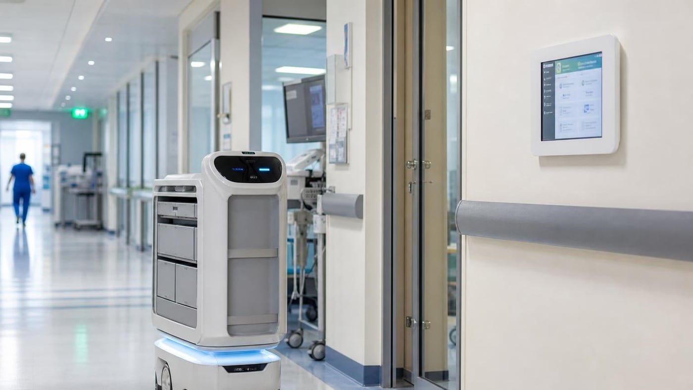 Robot di servizio autonomo in corridoio ospedaliero vicino a un pannello di controllo