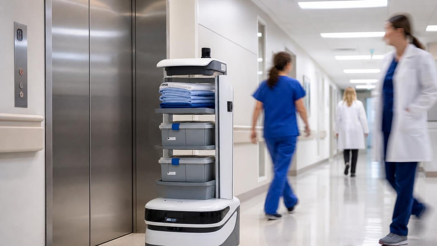 Robot di logistica ospedaliera fermo davanti a un ascensore con contenitori sterili