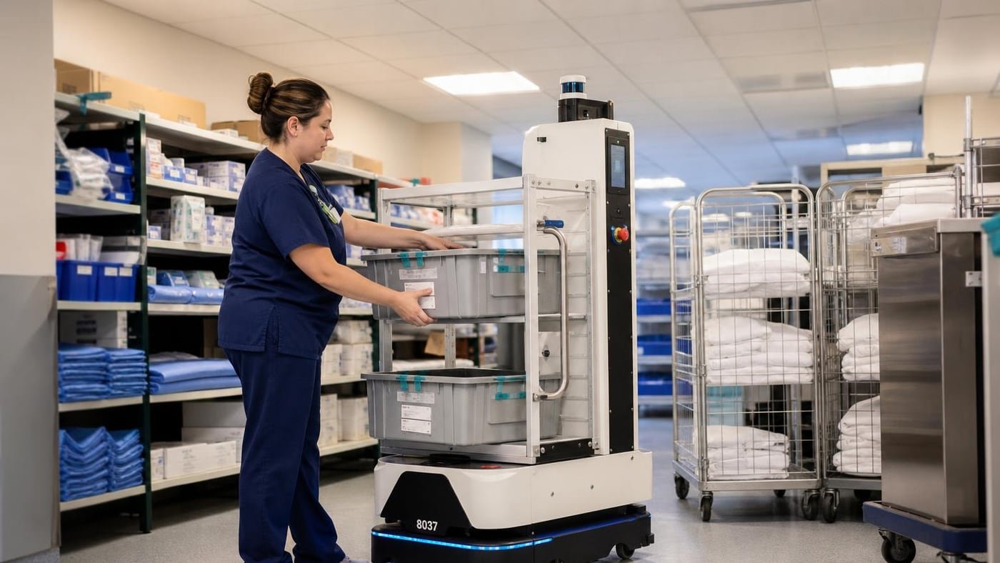 Tecnica sanitaria che carica contenitori e biancheria su un robot autonomo in area logistica ospedaliera