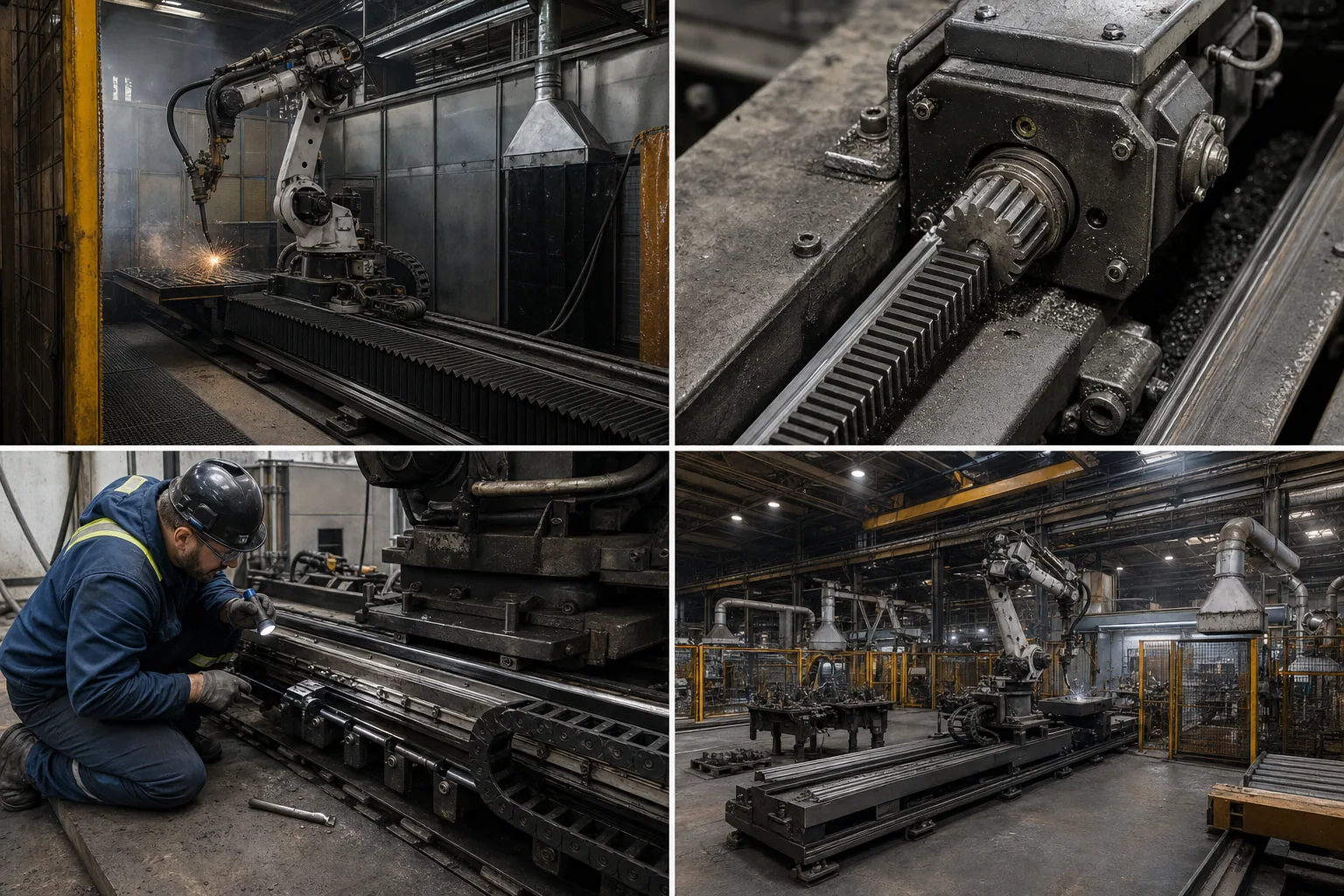 Cella robotica con robot su settimo asse che serve più stazioni protette da recinzioni di sicurezza