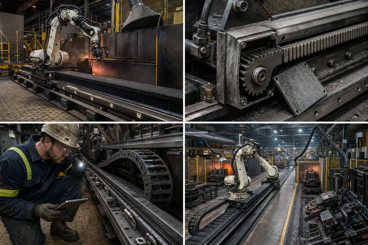 Dettaglio di guida lineare rack and pinion con trucioli e protezioni meccaniche