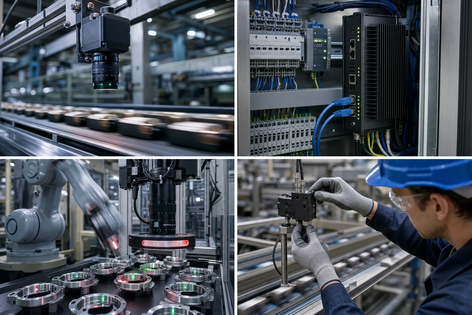 Cella robotica con visione AI che controlla pezzi in movimento su una linea industriale