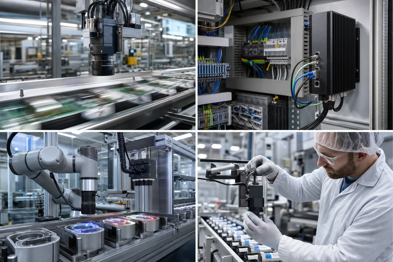 Controller edge AI con cablaggio PLC ed Ethernet in quadro industriale