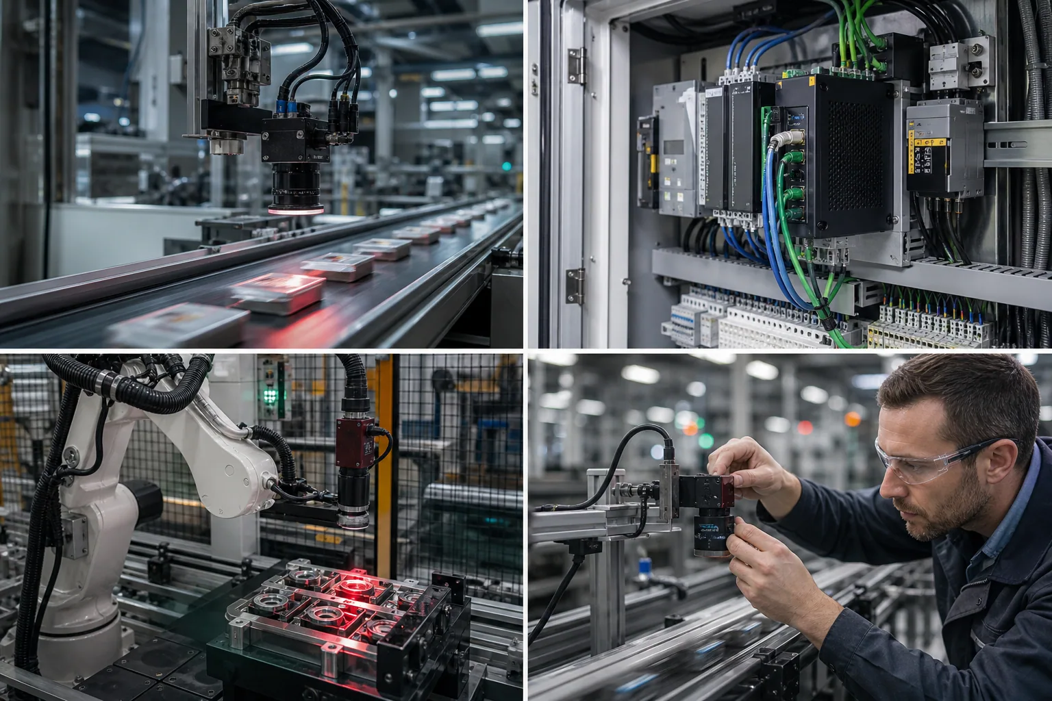 Tecnico che regola una camera di visione industriale accanto a un nastro in produzione