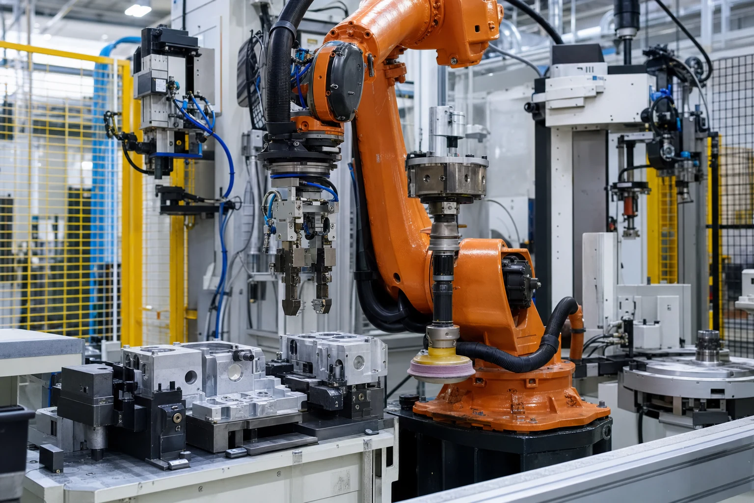 Robot industriale che lavora con end-effector e stazioni di cambio utensile