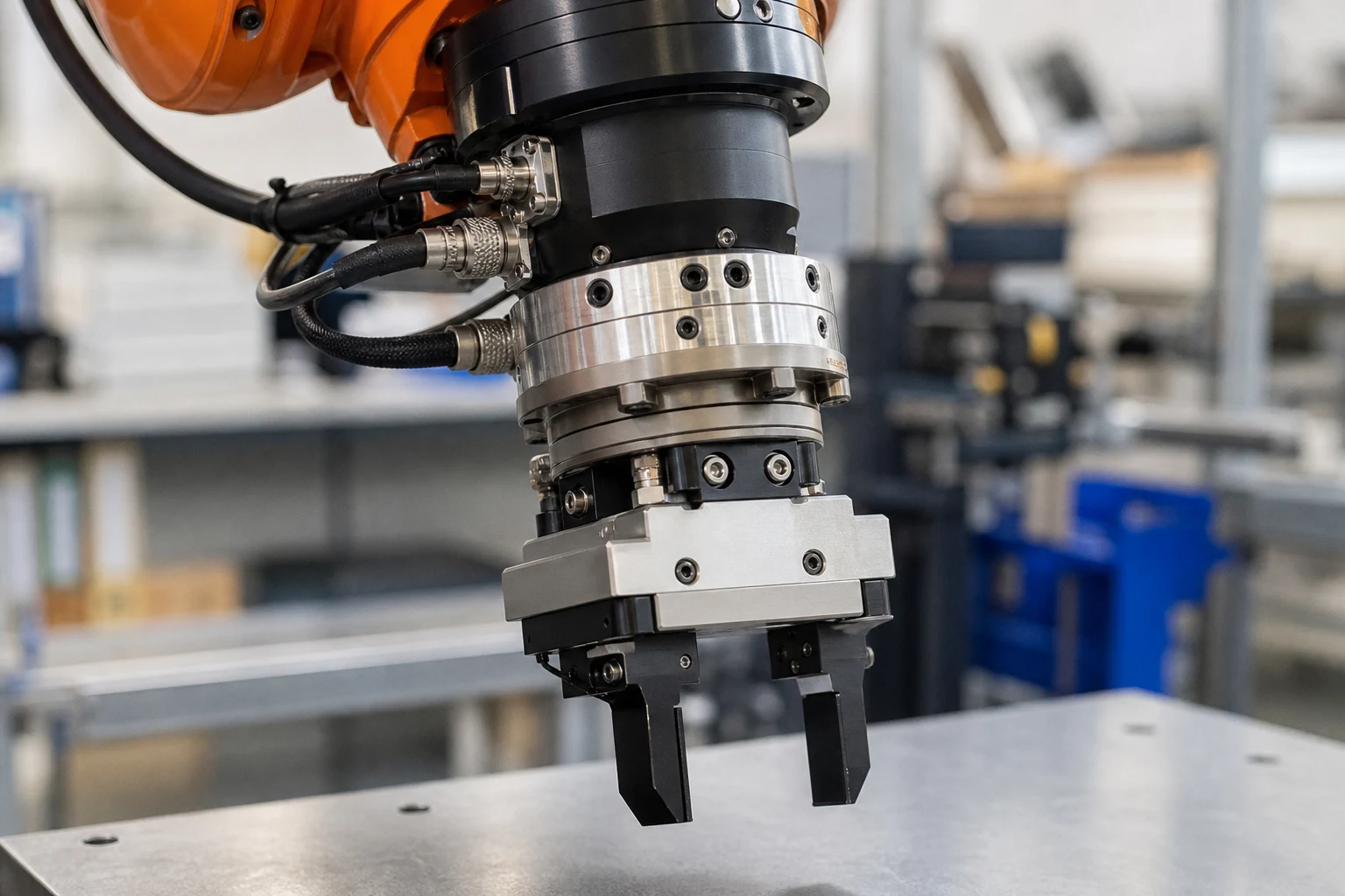 Gripper e tool changer su polso robotico in cella industriale