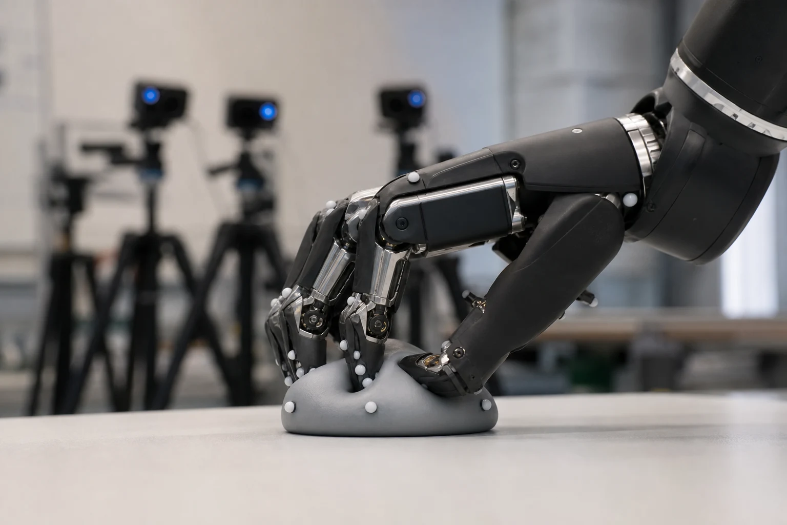 Mano robotica a cinque dita che manipola un oggetto morbido in laboratorio