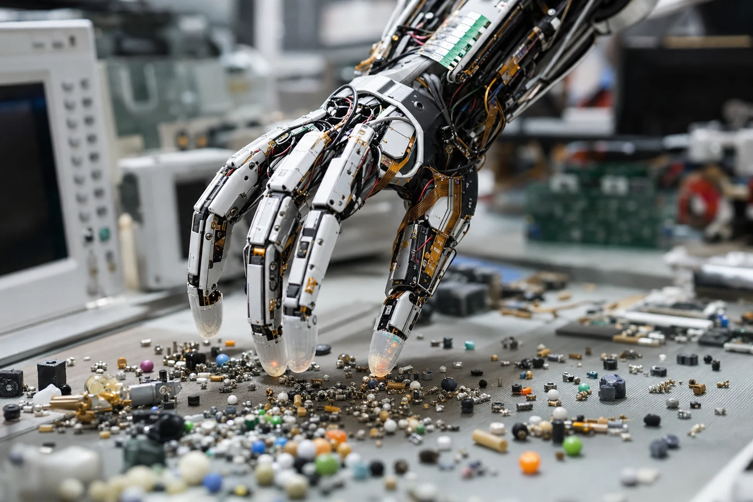 Mano robotica con dita sensorizzate che ordina piccoli oggetti su banco di laboratorio