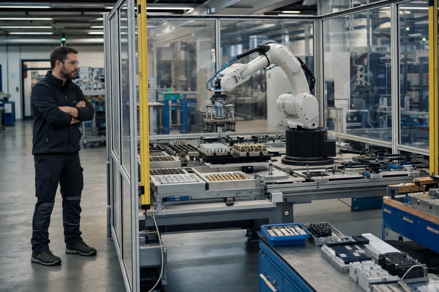 Cella robotica adattiva per produzione high-mix con varianti di prodotto su vassoi