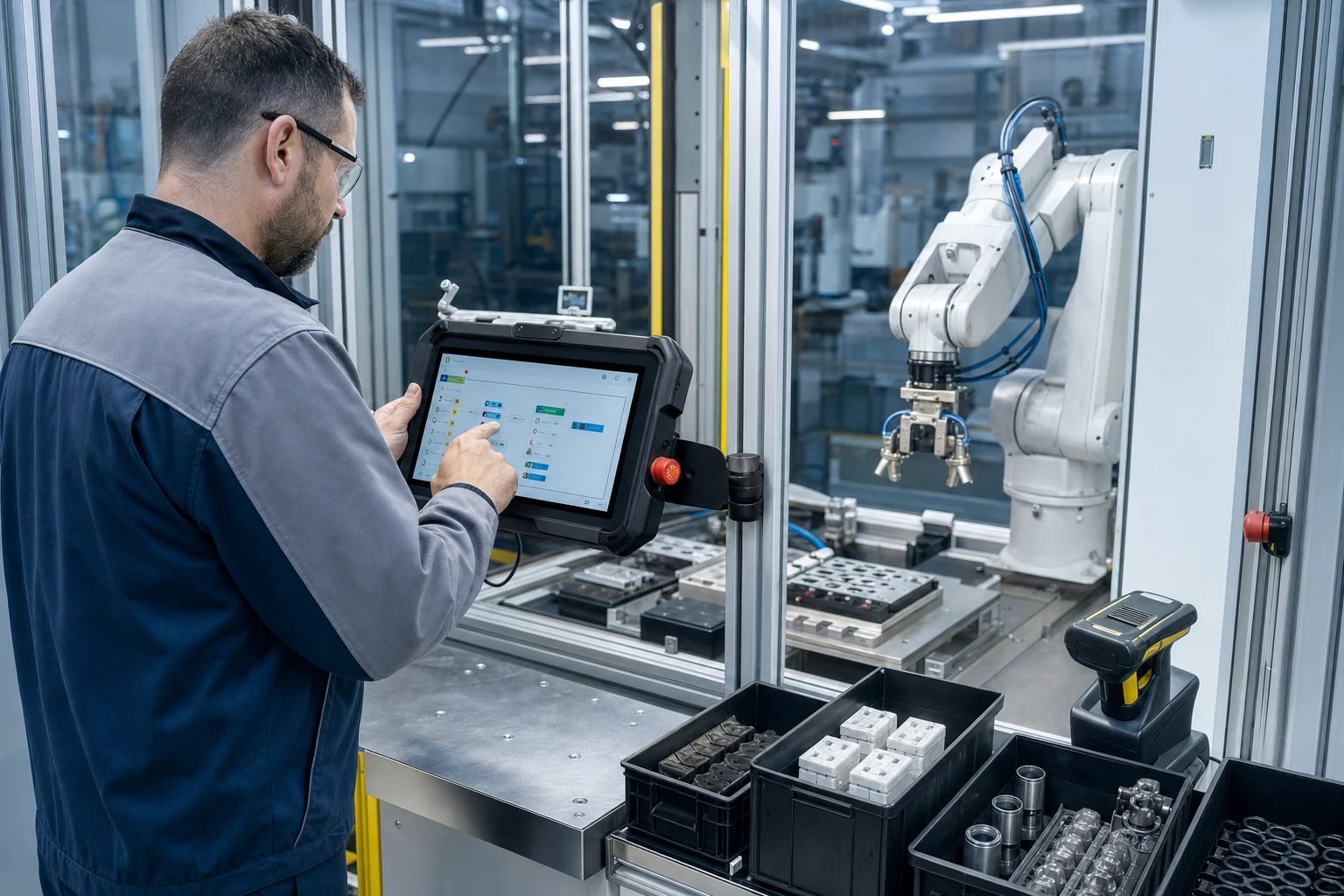 Operatore riconfigura una cella robotica da tablet in una fabbrica high-mix