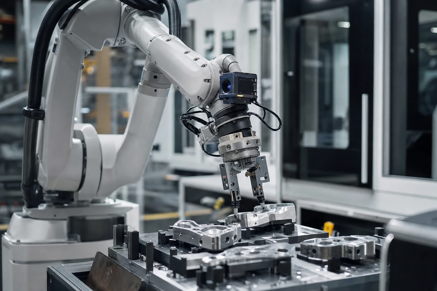 Robot industriale con visione e gripper sensorizzato che allinea componenti diversi su fixture