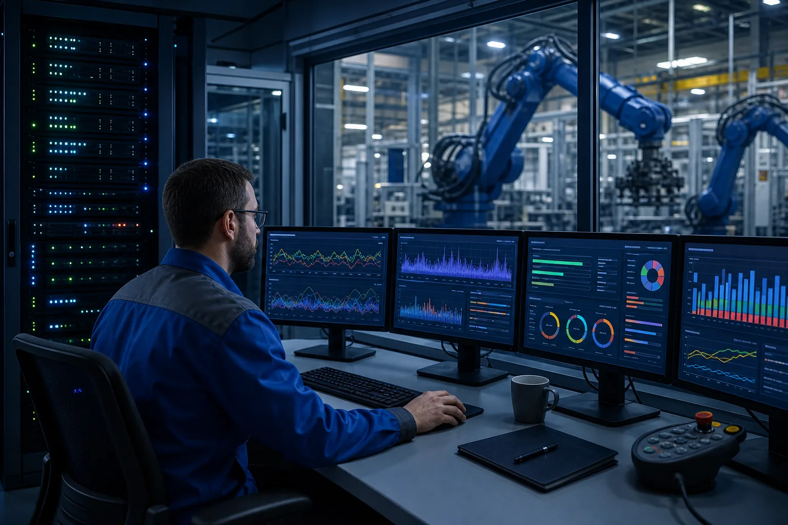 Control room industriale che monitora latenza e performance di una cella robotica edge