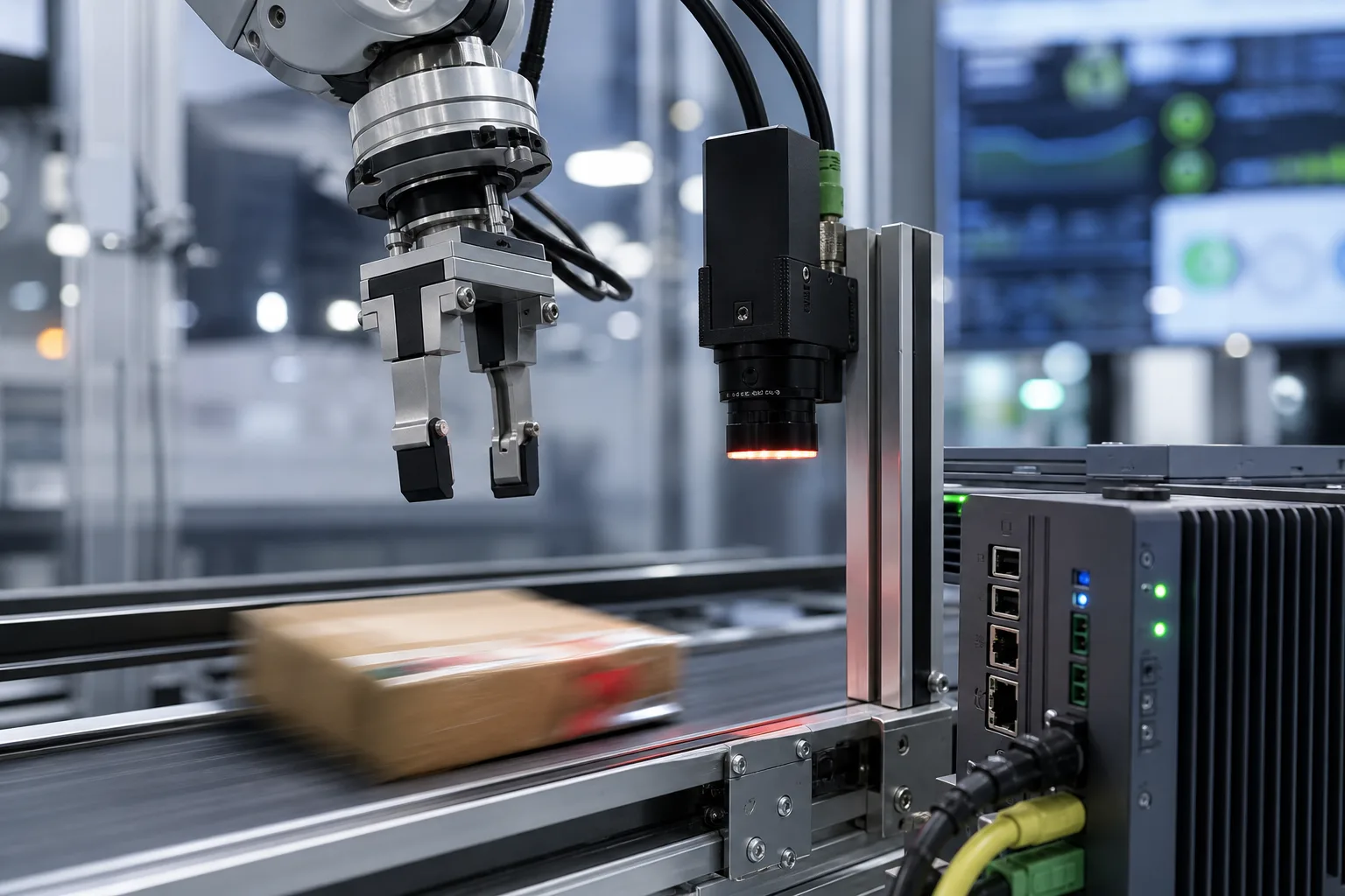 Robot industriale su conveyor con visione AI per sorting e controllo in tempo reale