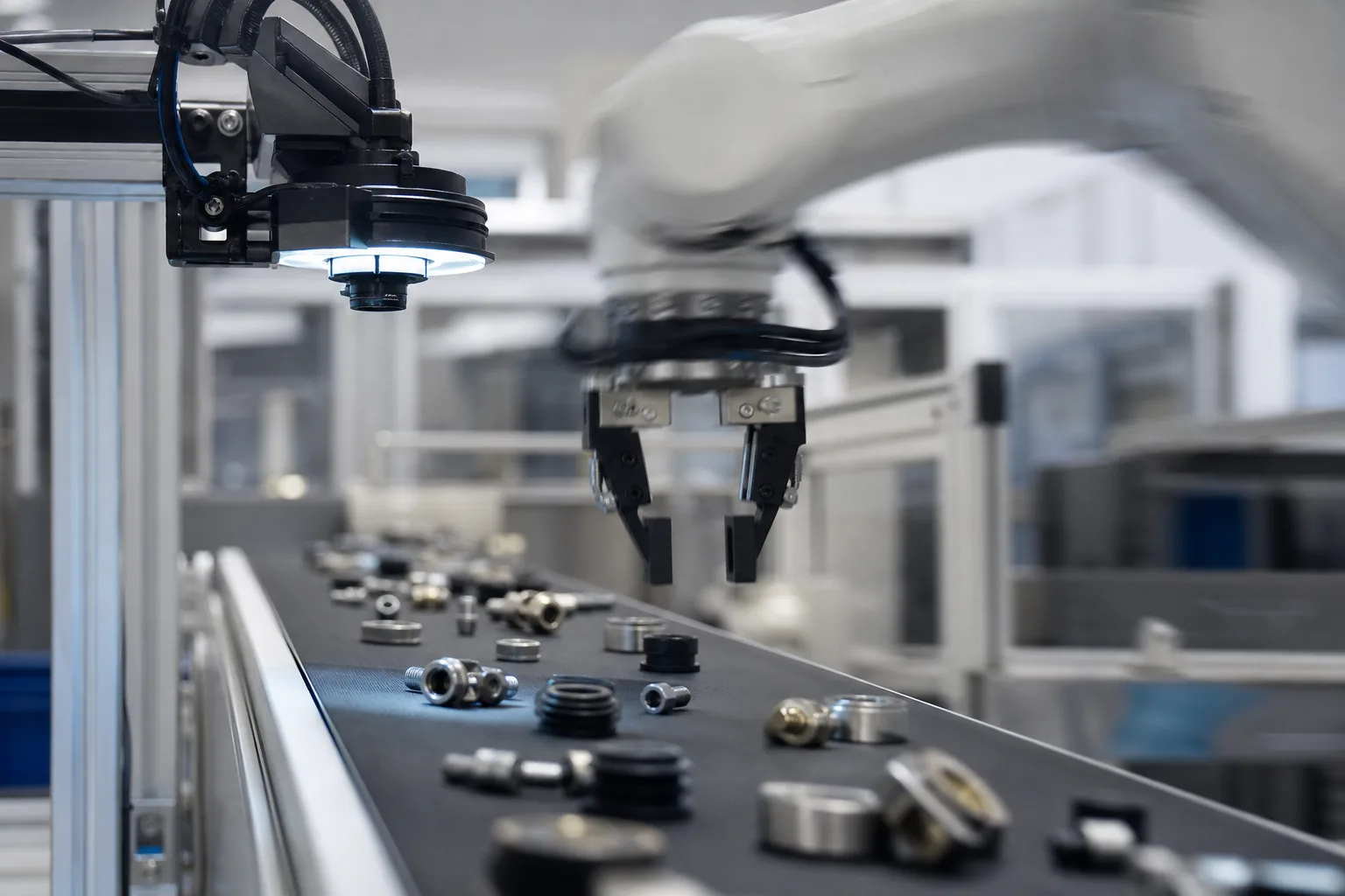 Gripper robotico su conveyor con visione AI per manipolazione a bassa latenza