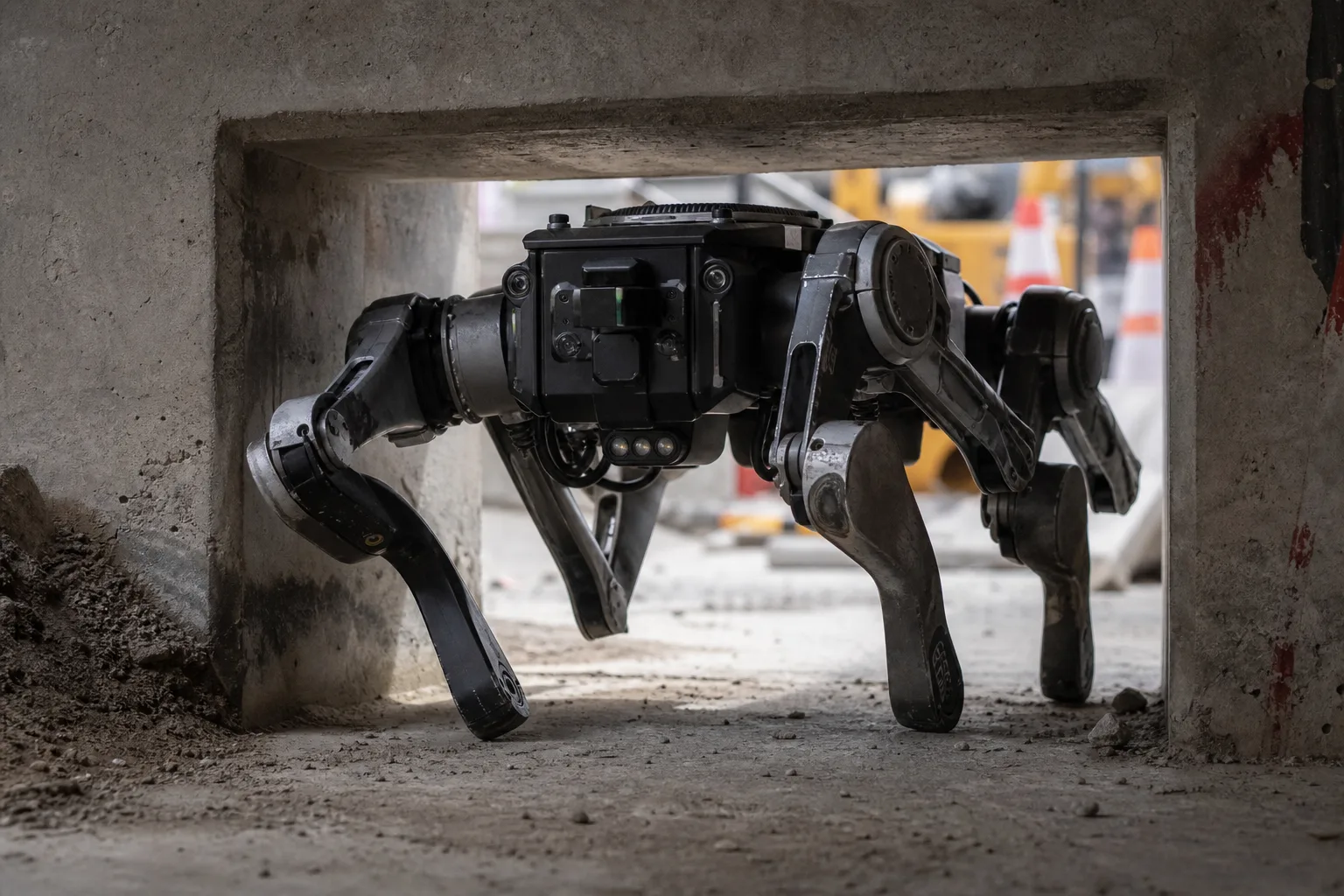 Quadrupede robotico attraversa un passaggio basso in un sito di ispezione infrastrutturale