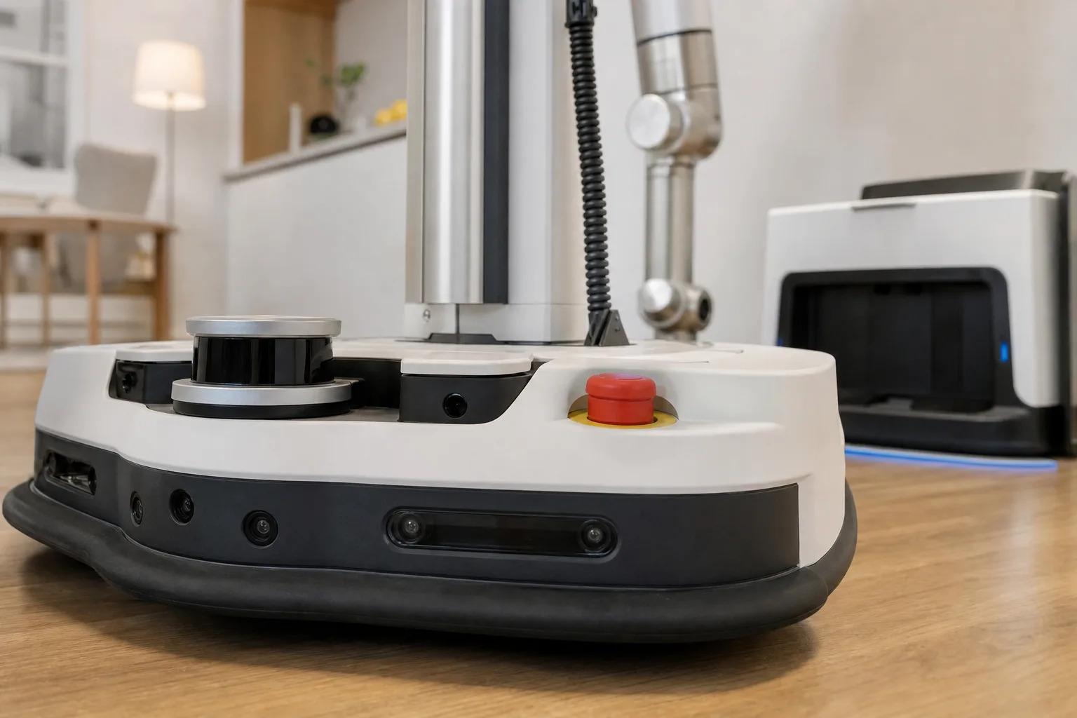 Illustrazione concettuale di sicurezza per robot assistivo mobile con base su ruote e stop di emergenza