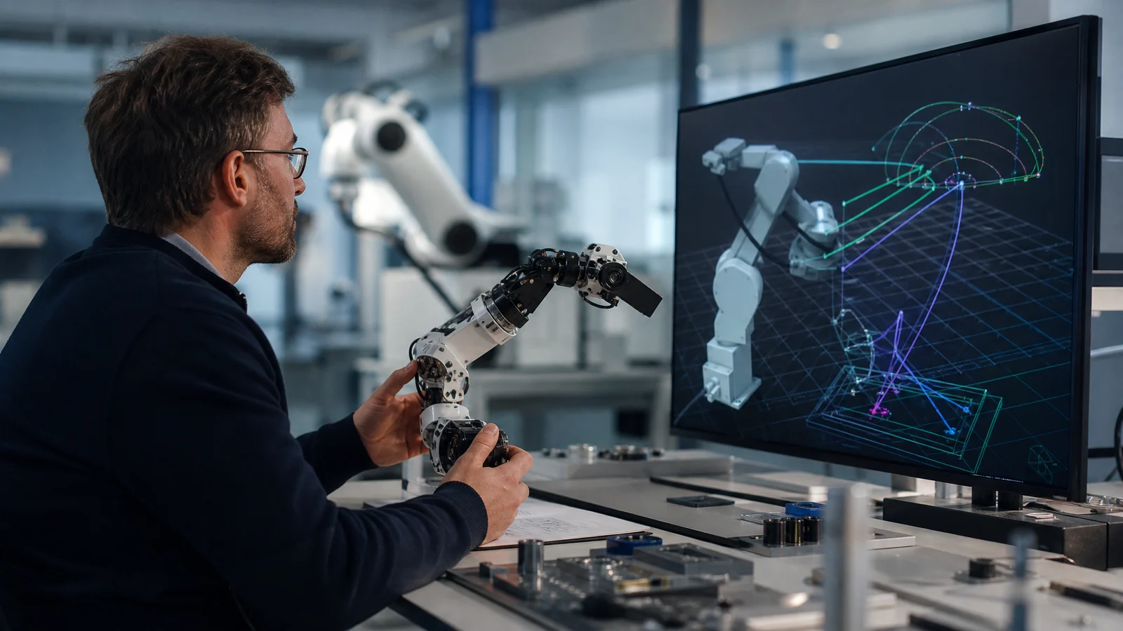 Ingegnere che confronta un mockup articolato fisico con un modello 3D in simulazione robotica