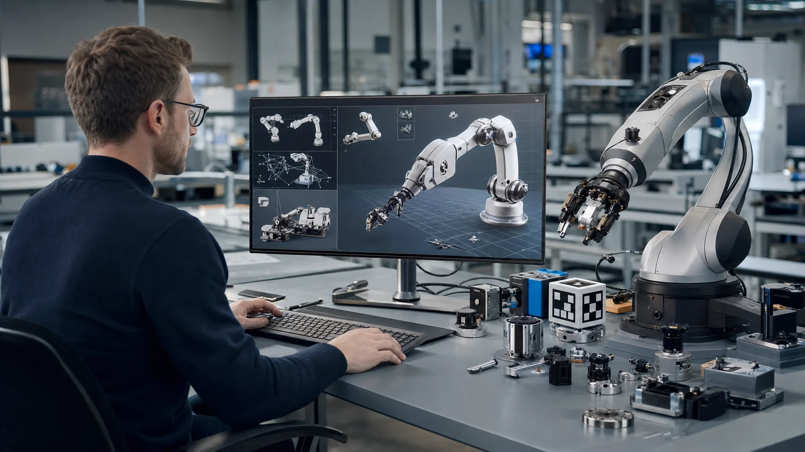 Laboratorio di robotica con workstation di simulazione e asset 3D articolati per addestrare robot