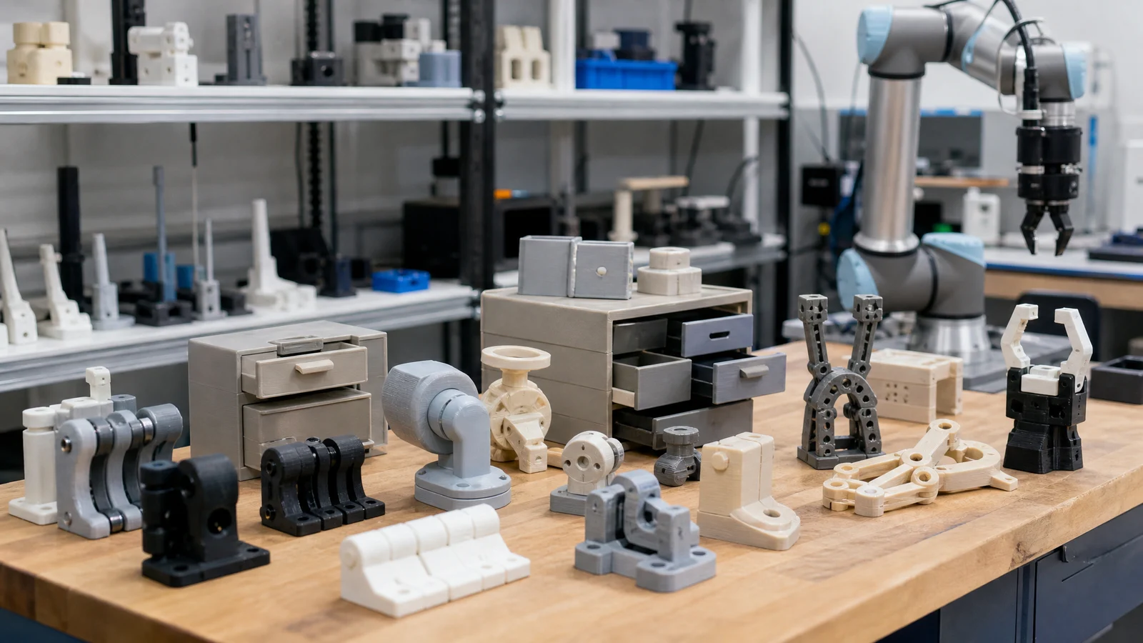Prototipi articolati e mockup fisici usati per validare oggetti 3D nella simulazione robotica