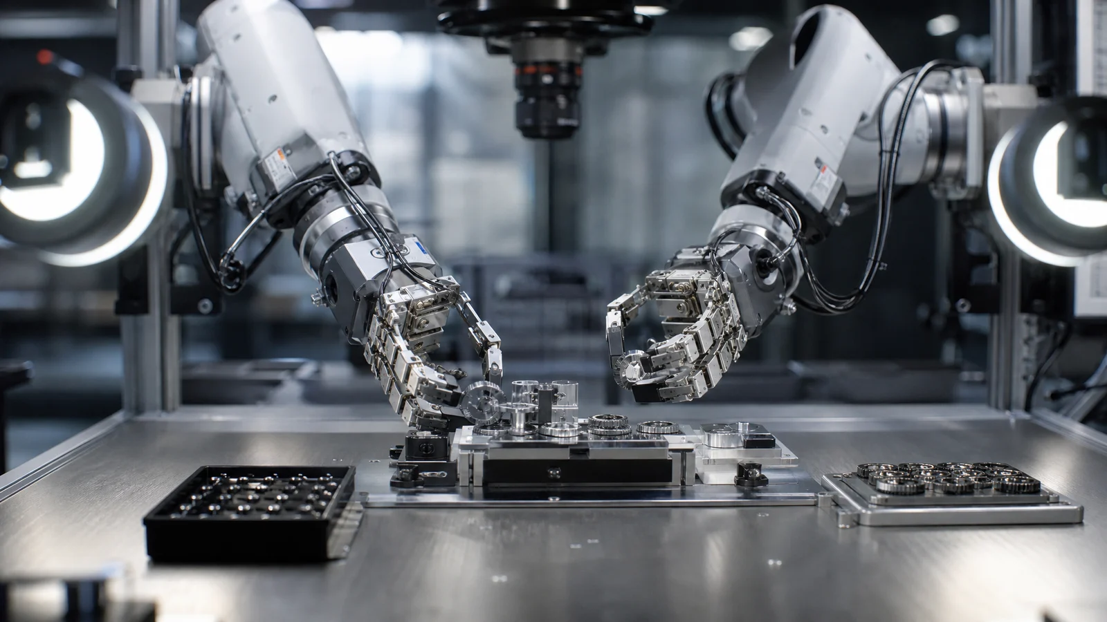 Setup bimanuale con mani robotiche sotto camere di visione per manipolazione industriale