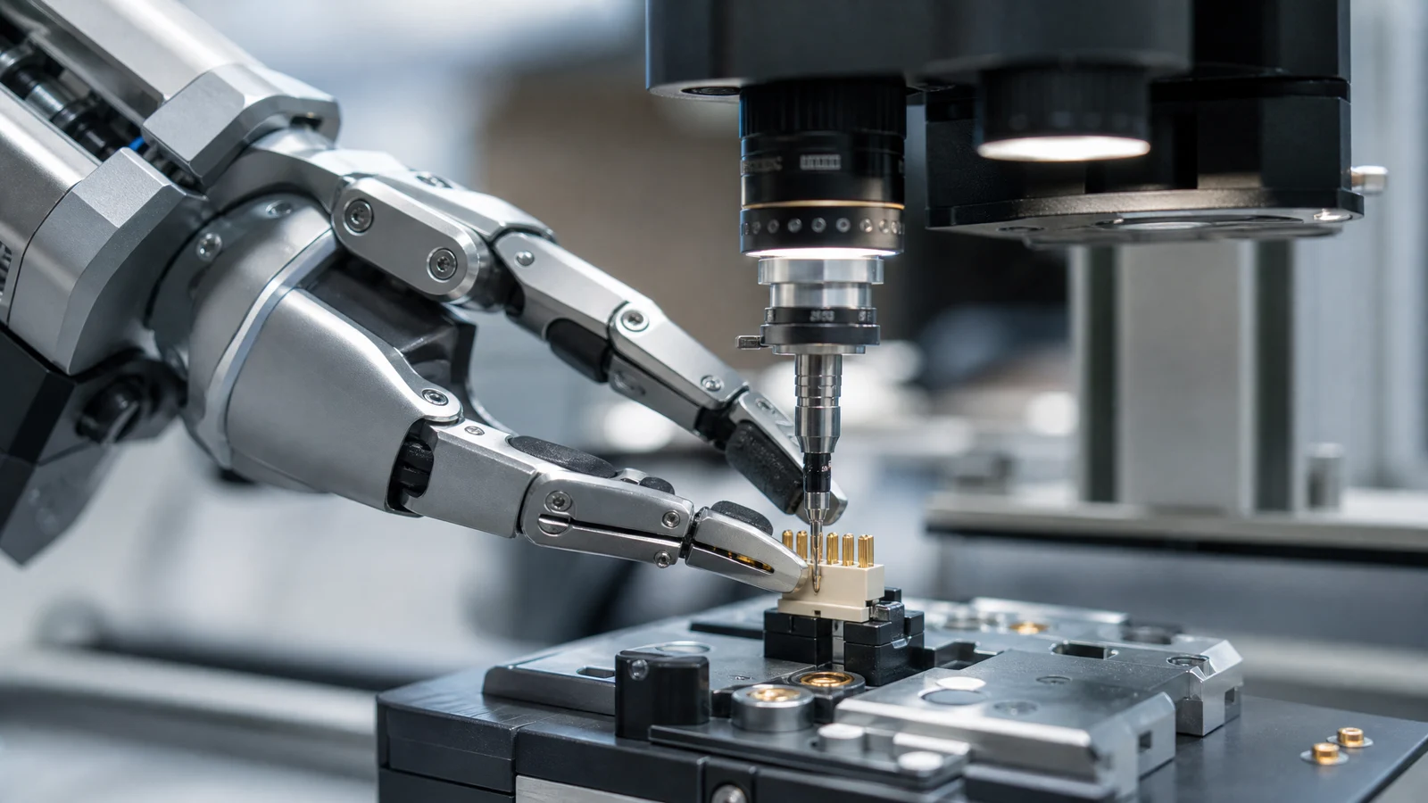 Mano robotica che corregge un connettore sotto visione artificiale