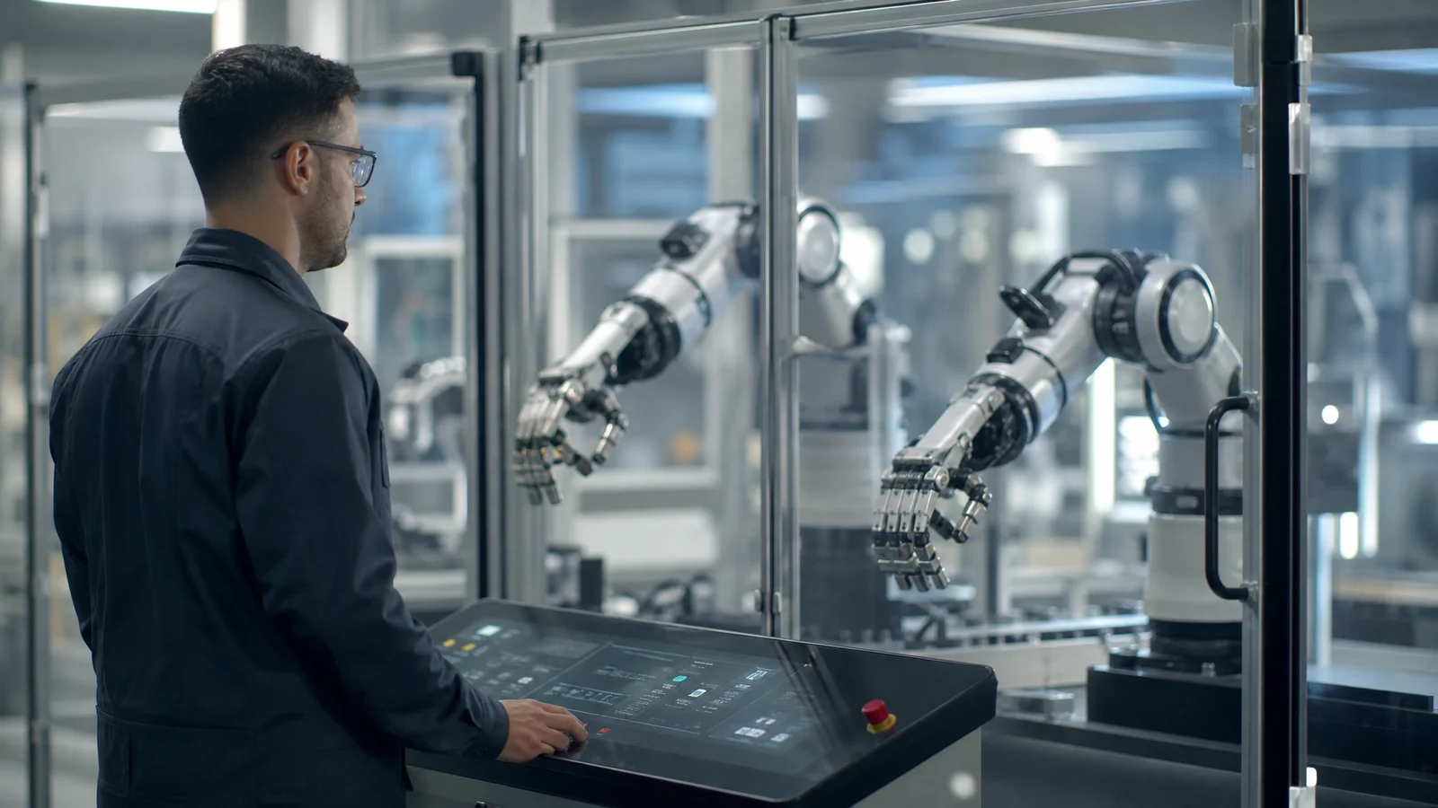 Operatore che supervisiona mani robotiche human-in-the-loop dietro una console di sicurezza
