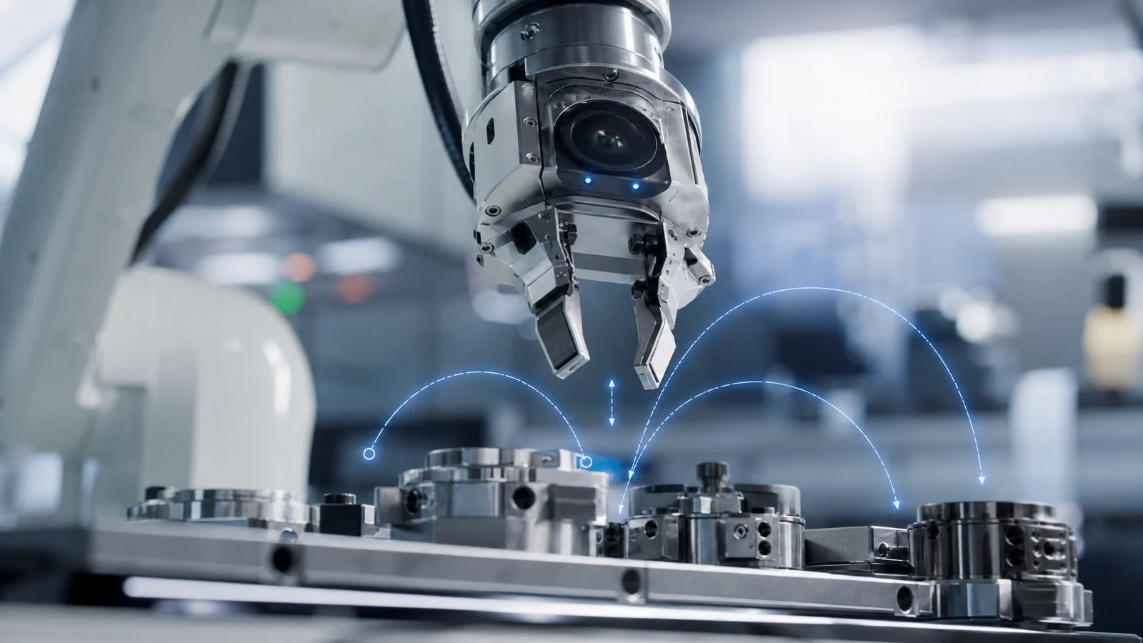 Gripper robotico con traiettorie luminose che rappresentano azioni future pianificate
