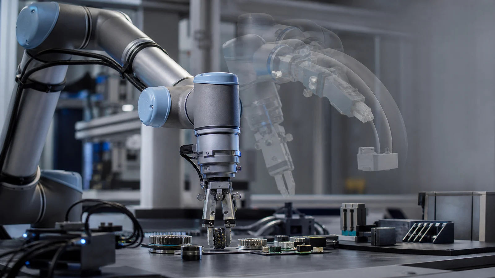 Robot arm che organizza componenti con traiettoria futura visualizzata in una cella embodied AI