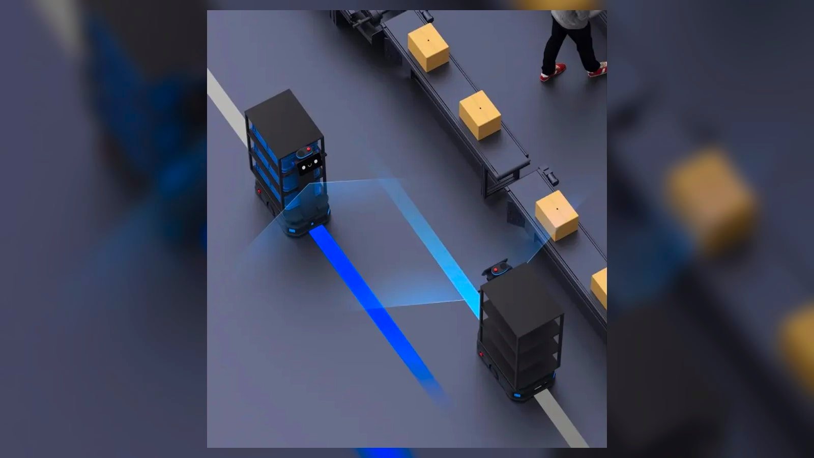 Due robot mobili Pudu coordinati vicino a un nastro trasportatore industriale