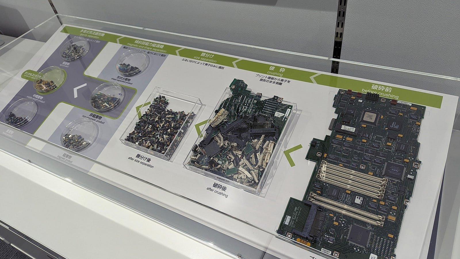 Schede elettroniche catalogate su banco per recupero selettivo di chip