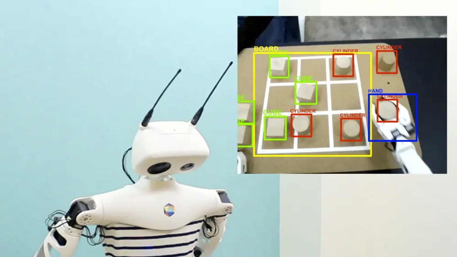 Robot umanoide compatto davanti a visualizzazione di percezione per AI robotica