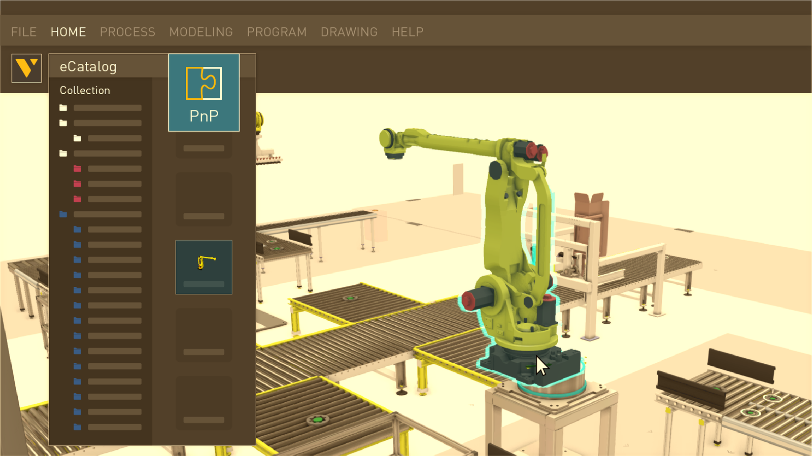 Layout simulato di una cella robotica industriale per digital twin in fabbrica