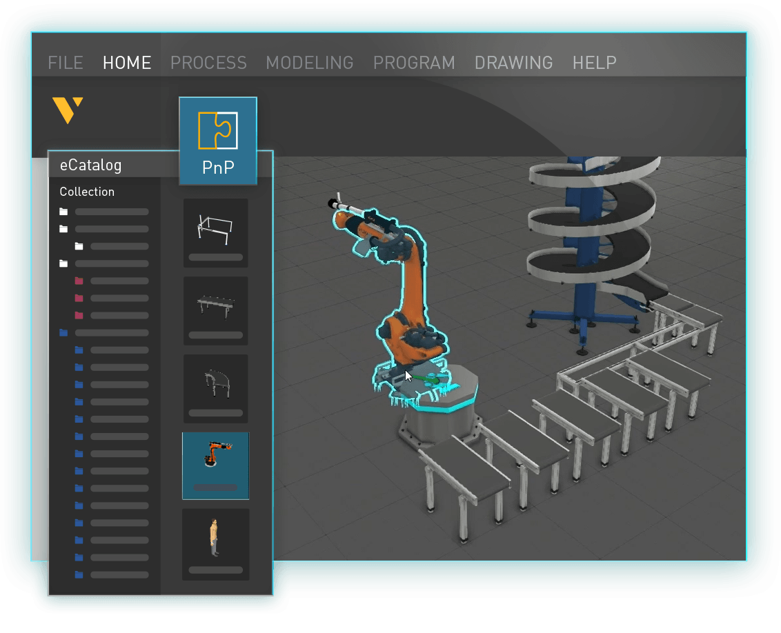 Ambiente Visual Components con robot e linea di produzione simulata