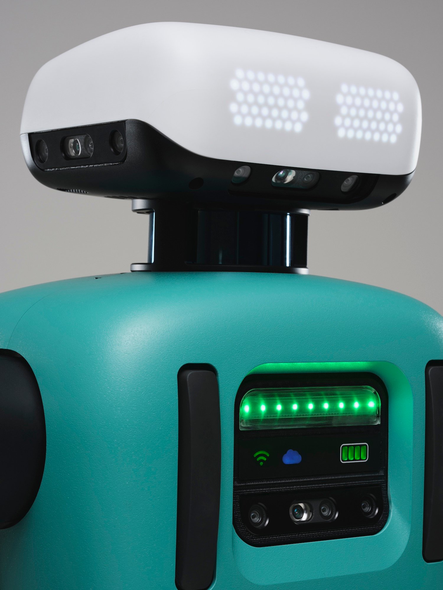 Dettaglio dei sensori e degli indicatori luminosi del robot Digit di Agility Robotics