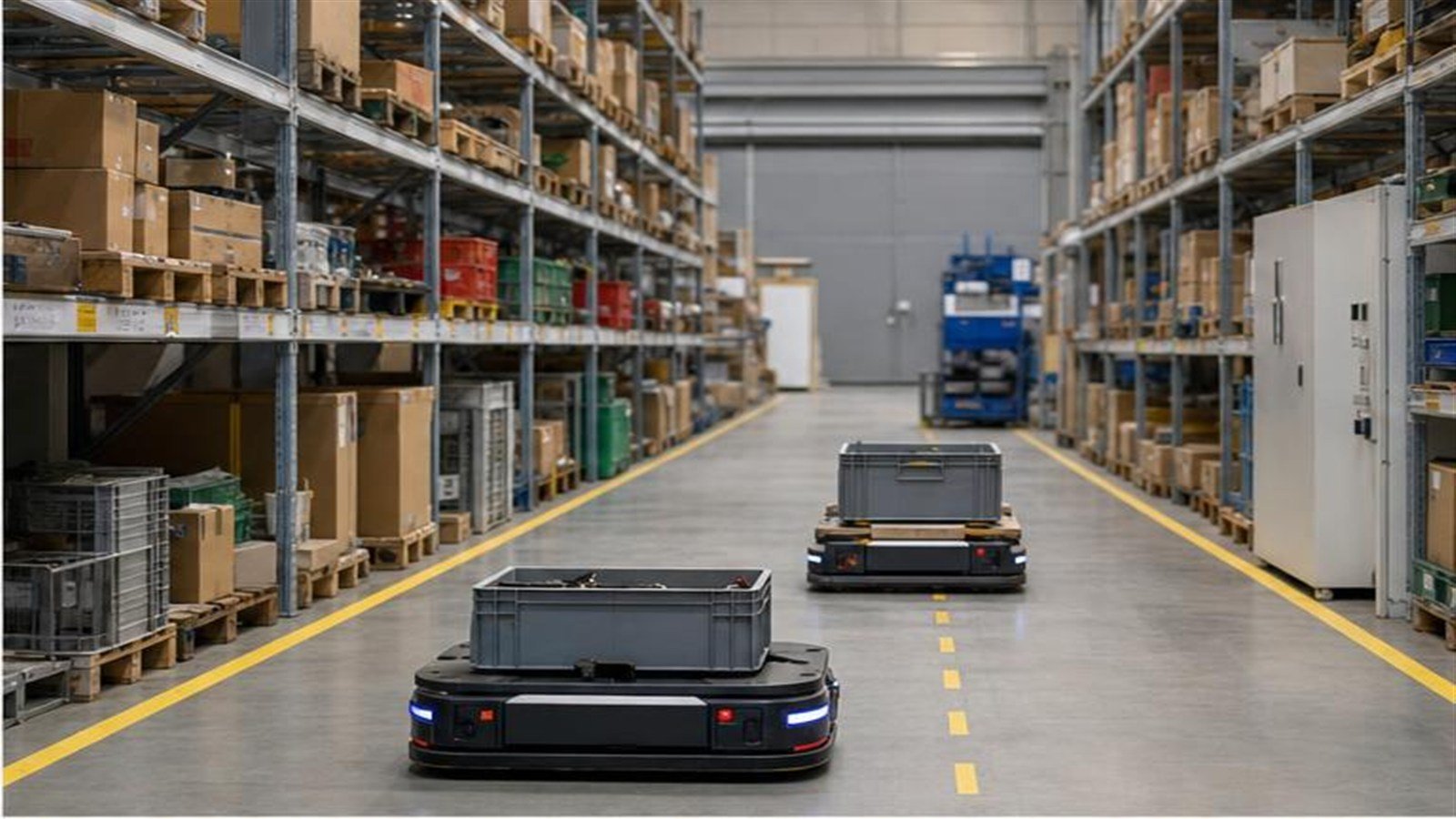 AMR che trasportano cassette in un magazzino industriale italiano
